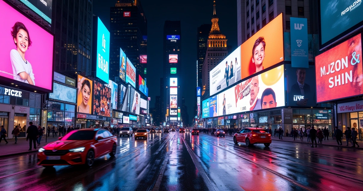 Painel digital moderno exibindo anúncios em rua movimentada durante a noite 