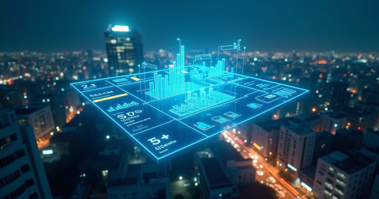 Painel digital de cobrança online flutuando sobre cidade à noite 