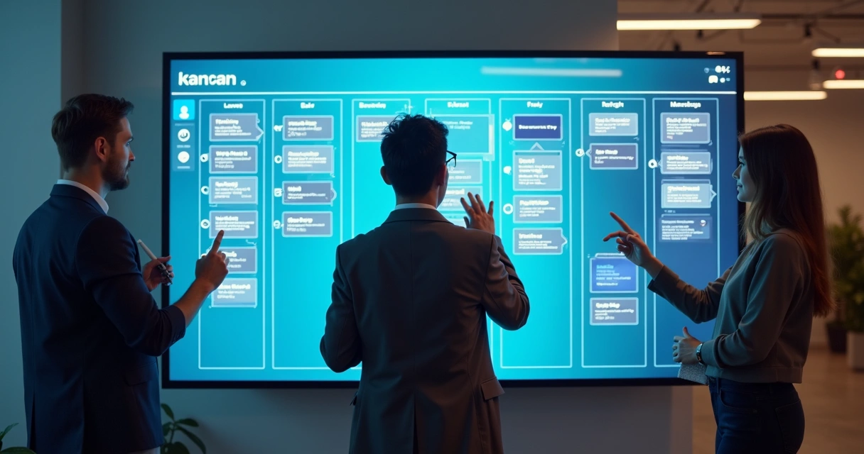 Pessoas colaborando em quadro digital visual na agência 