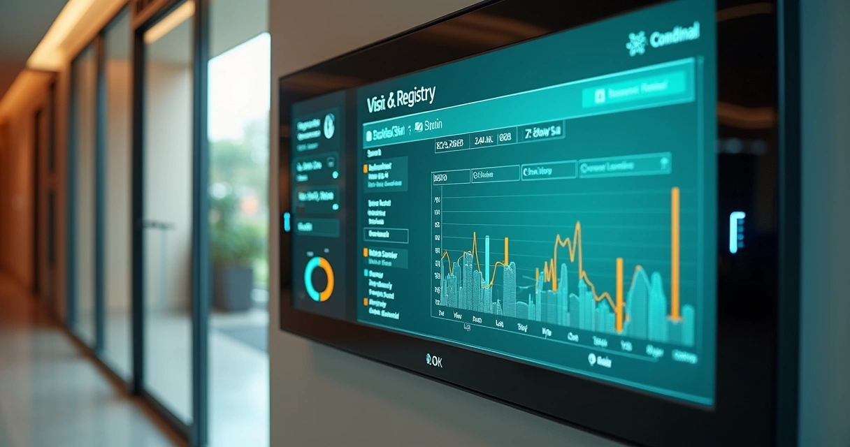 Tela de painel digital com registros de visitas e gráficos 