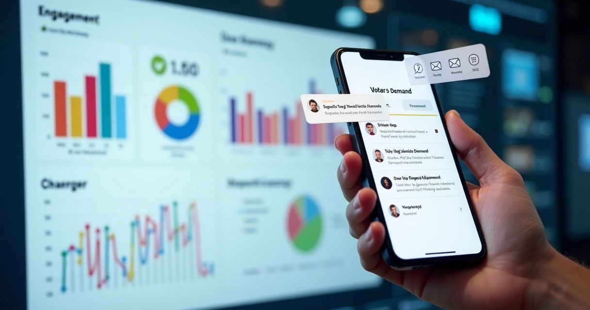 Painel digital de CRM político com relatórios e gráficos de engajamento 