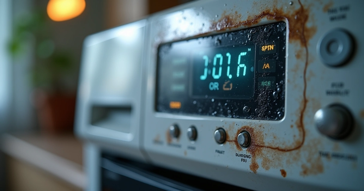 Painel digital de eletrodoméstico com manchas e botões sem resposta 