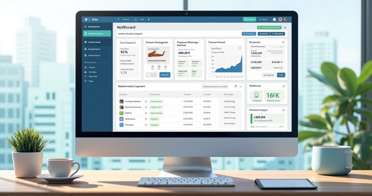 Painel digital de gestão de contratos de aluguel com notificações e documentos online. 