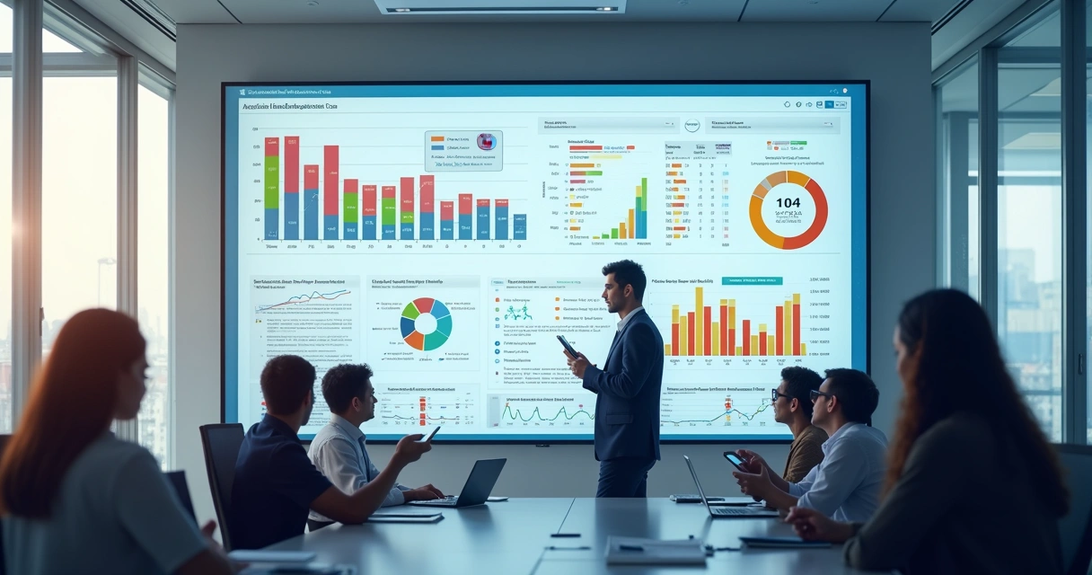 Painel de gestão digital de entidades com gráficos e dados em tela grande. 