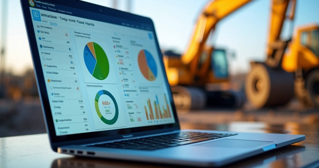 Painel digital mostrando dados de gestão de frota de máquinas pesadas.