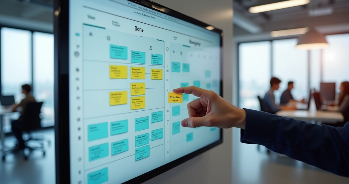 Painel digital exibe tarefas coloridas sendo revisadas
