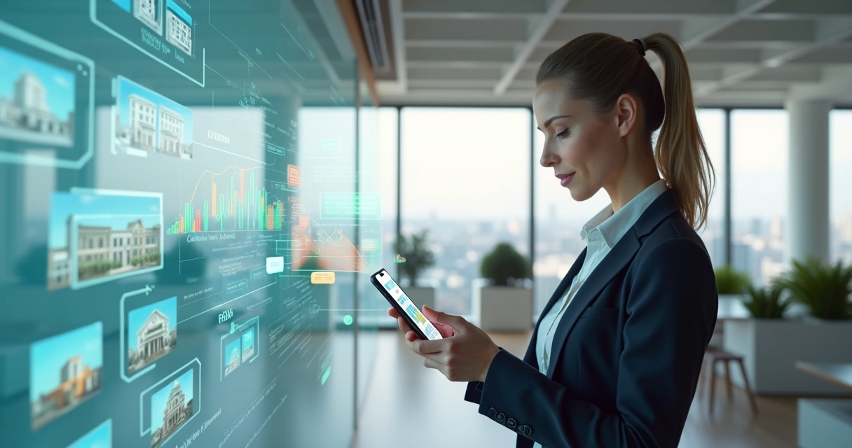 Corretora usa smartphone ao lado de holograma com imóveis e funil de vendas 