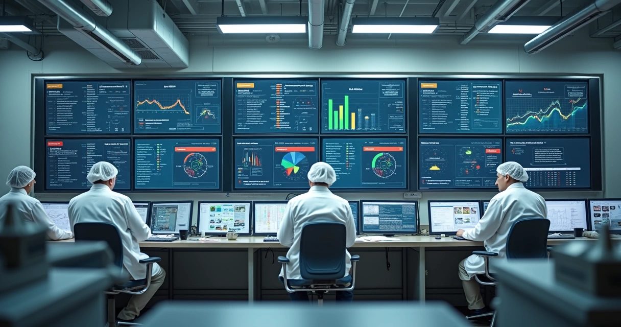 Painel digital de controle industrial em fábrica de alimentos