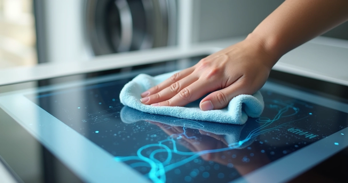 Pessoa limpando painel digital de eletrodoméstico com pano de microfibra seco 