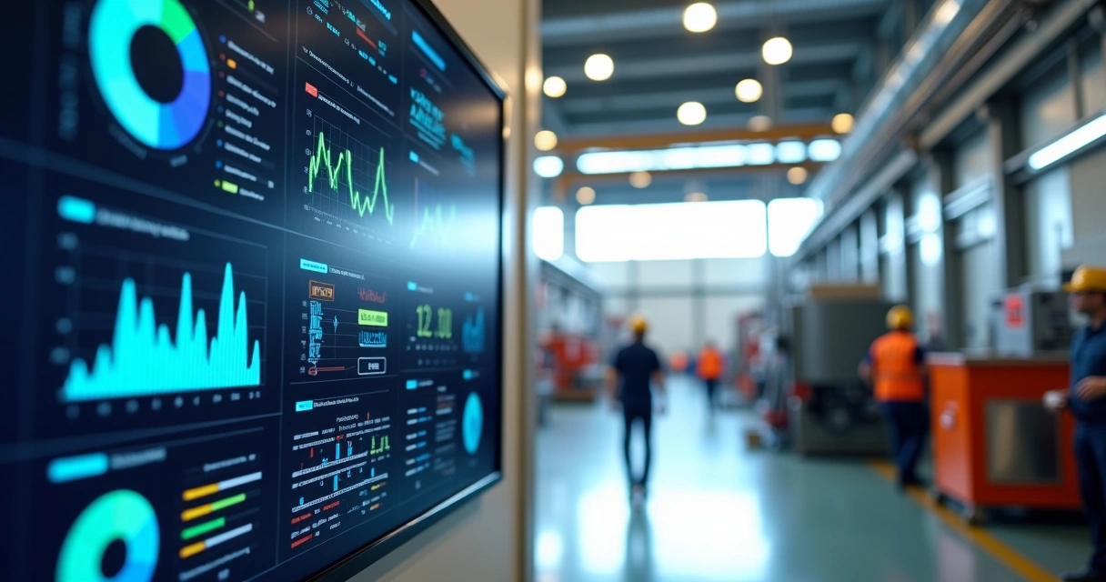 Dashboard digital colorido com gráficos de indicadores de manutenção industrial em ambiente fabril 