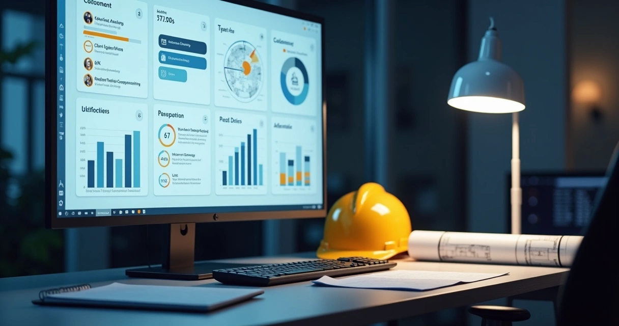 Painel digital de gestão de obras com documentos e indicadores na tela 