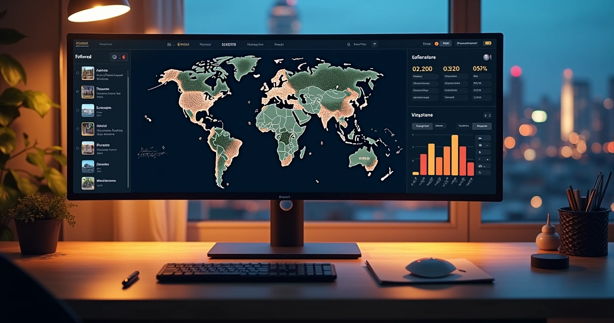 Painel digital com mapa destacando oportunidades de imóveis em leilão 