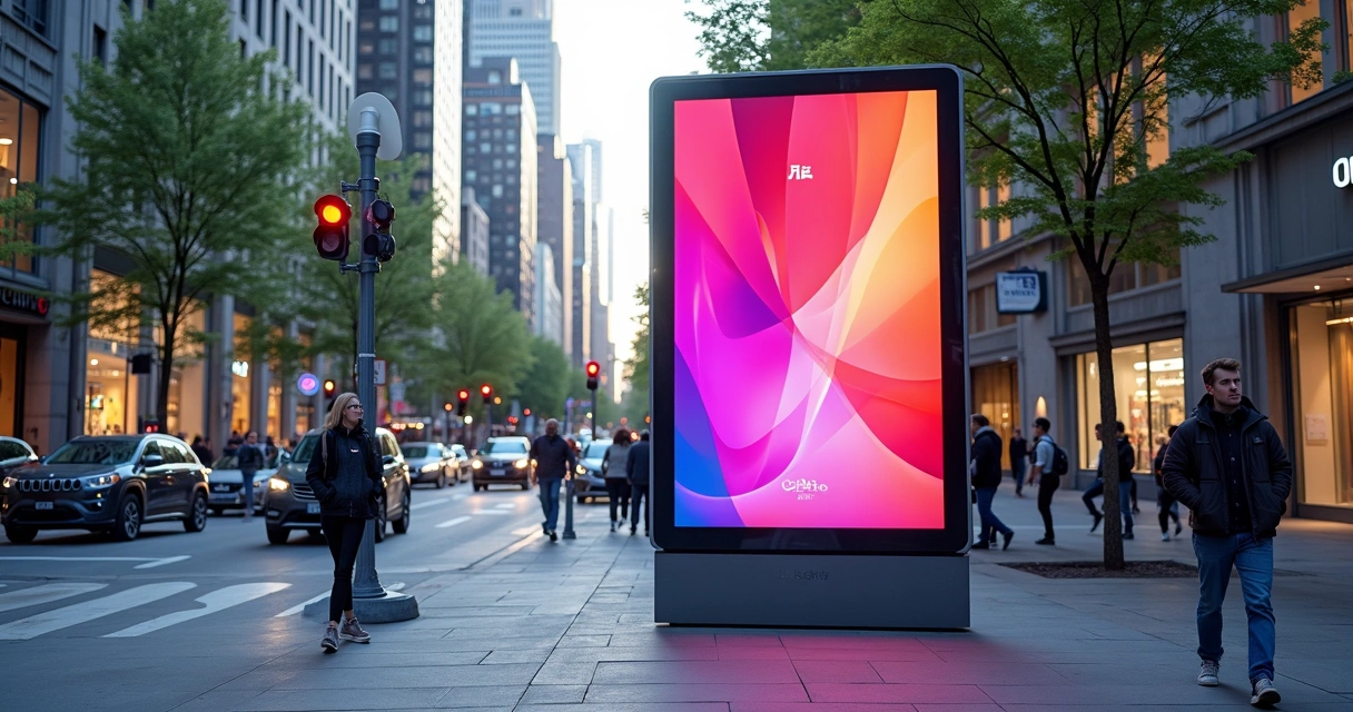 Painel digital grande exibindo anúncio em área urbana movimentada com pedestres e veículos 