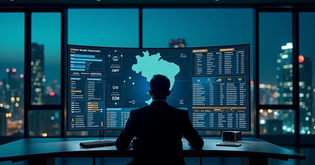 Profissional analisando painel digital com regimes tributários de fornecedores destacados 