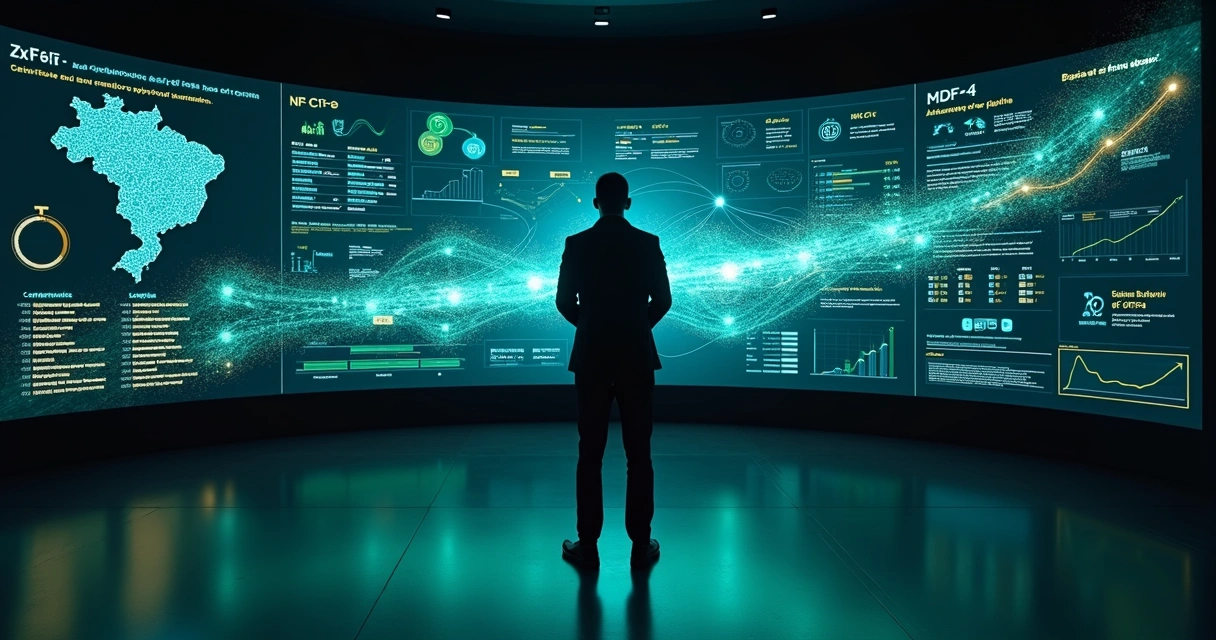 Profissional observando túnel digital de arquivos XML conectados a um painel fiscal 