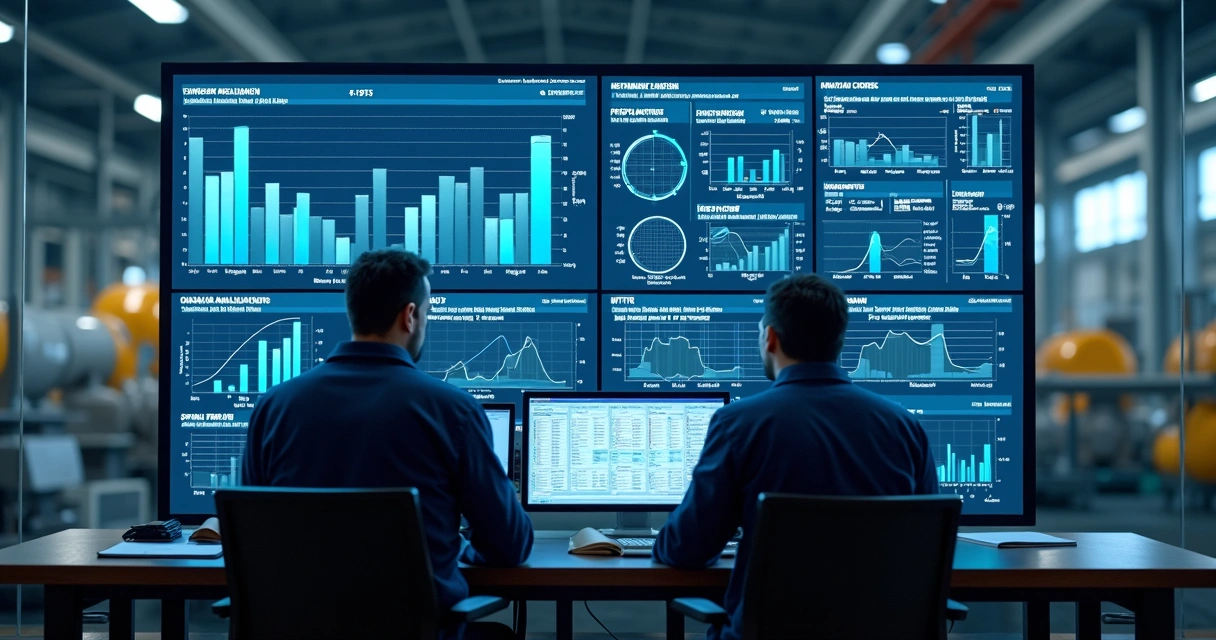 Painel industrial com gráficos de disponibilidade e equipe em análise