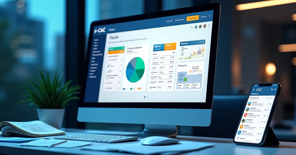 Painel do portal e-CAC em computador com gráficos fiscais na tela