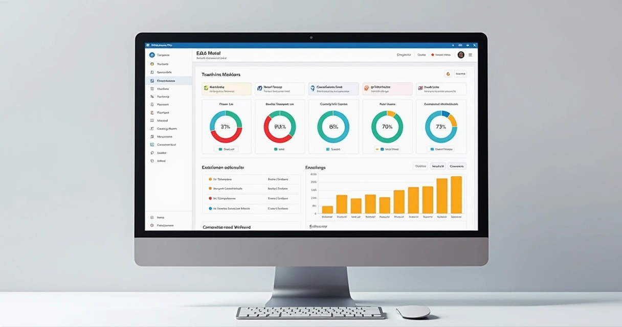 Painel de plataforma EAD mostrando relatórios de treinamento e gráficos de desempenho 