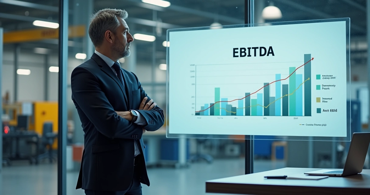 Gestor observa painel digital com destaque para EBITDA em ambiente industrial 