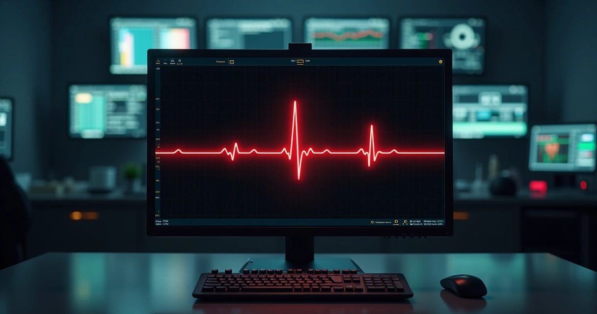 Monitor mostrando ECG com onda T apiculada em destaque em cenário escuro 
