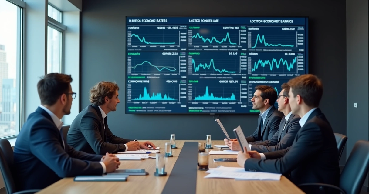 Executivos observando painel com juros, câmbio e inflação em reunião 
