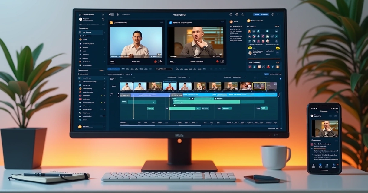 Painel de edição automática com clipes, legendas e calendário de postagem 