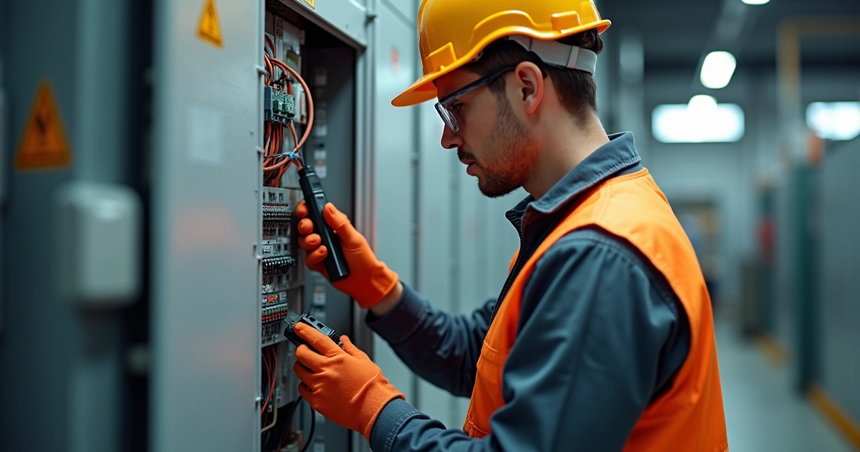 Técnico conferindo painel elétrico desenergizado com equipamentos de proteção 