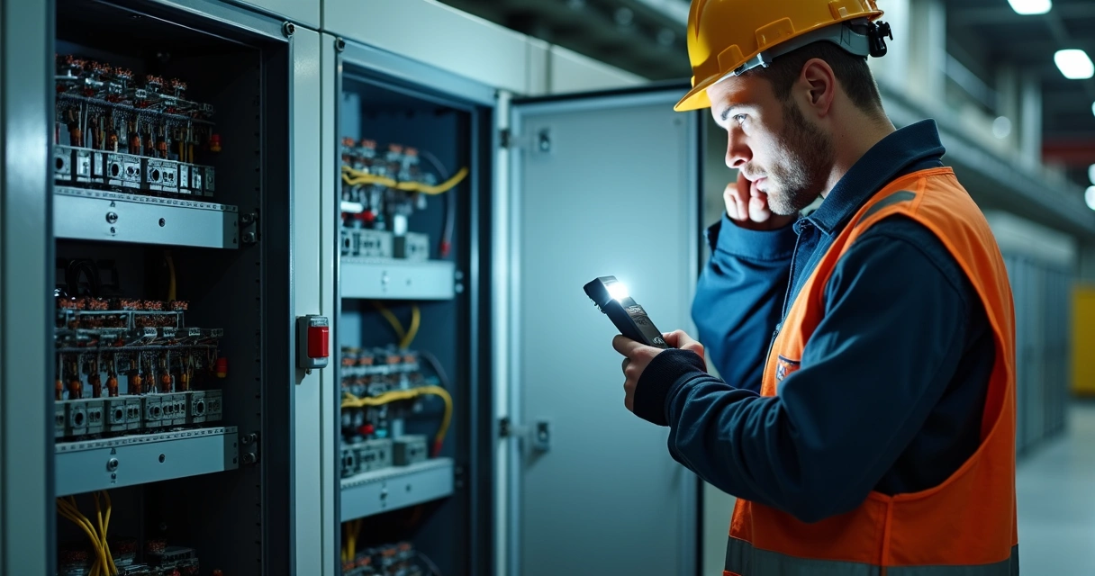 Painel elétrico industrial com técnico ouvindo barulho estranho 