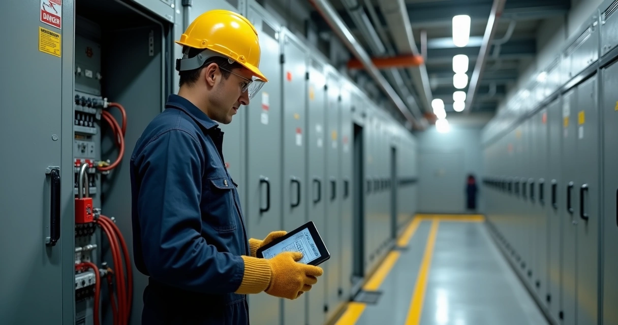 Técnico realiza bloqueio e etiquetagem em painel elétrico industrial desenergizado 