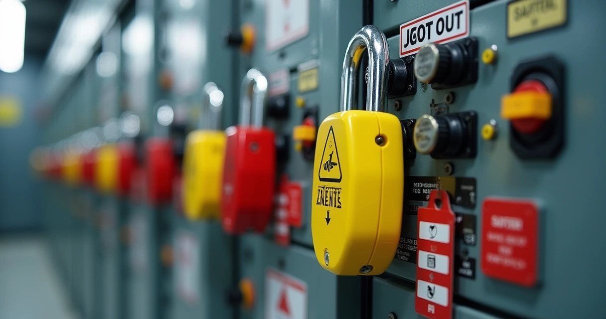 Painel elétrico com sistema LOTO implementado e etiquetas de bloqueio visíveis