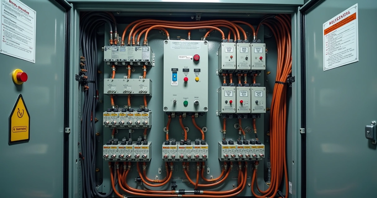 Painel elétrico industrial com cabos e equipamentos de proteção