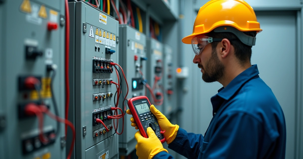 Painel elétrico industrial com técnico fazendo medição