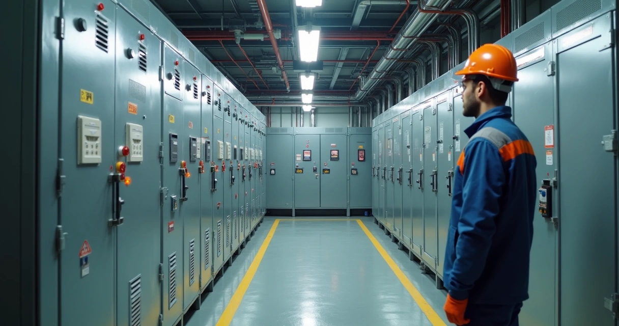 Painel elétrico industrial com técnico em inspeção 