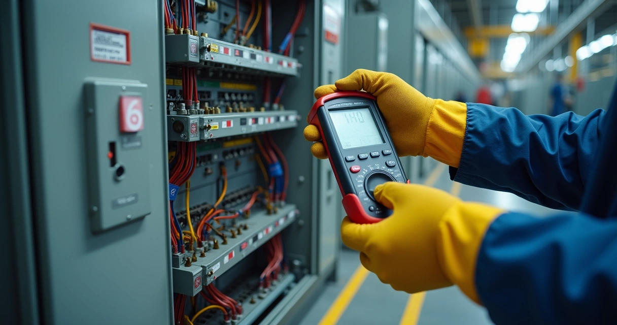 Painel elétrico industrial aberto com instrumentos de medição