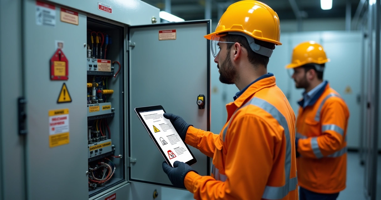 Técnico inspecionando painel elétrico com EPIs completos