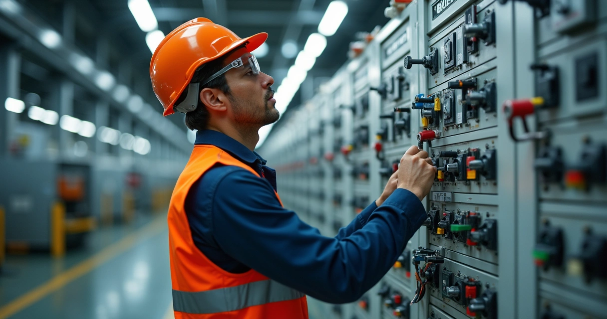 Técnico examinando painel elétrico industrial 