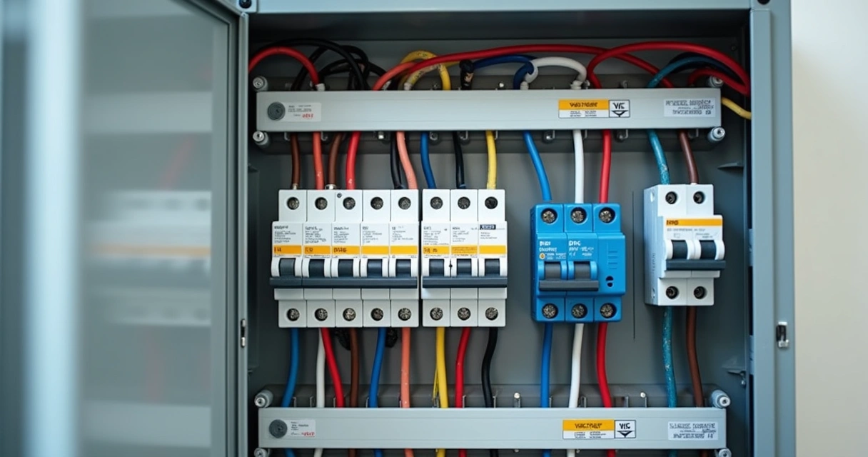 Painel elétrico residencial com disjuntores, DPS e DR instalados em fileiras organizadas 