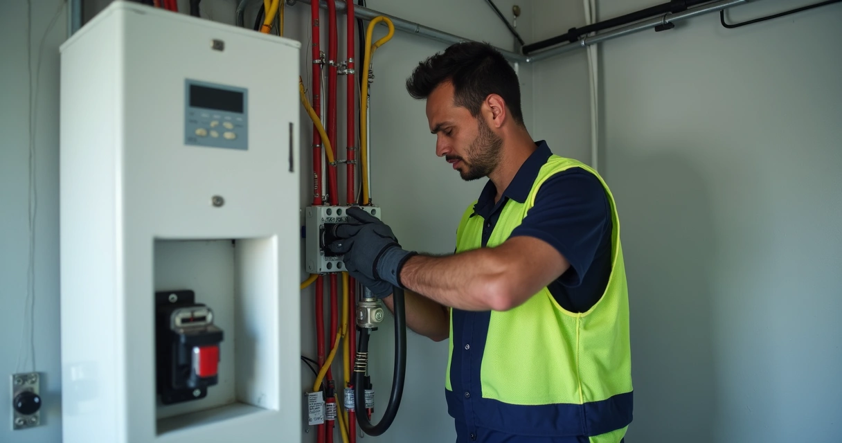 Eletricista ajustando quadro elétrico de casa para carregar carro elétrico