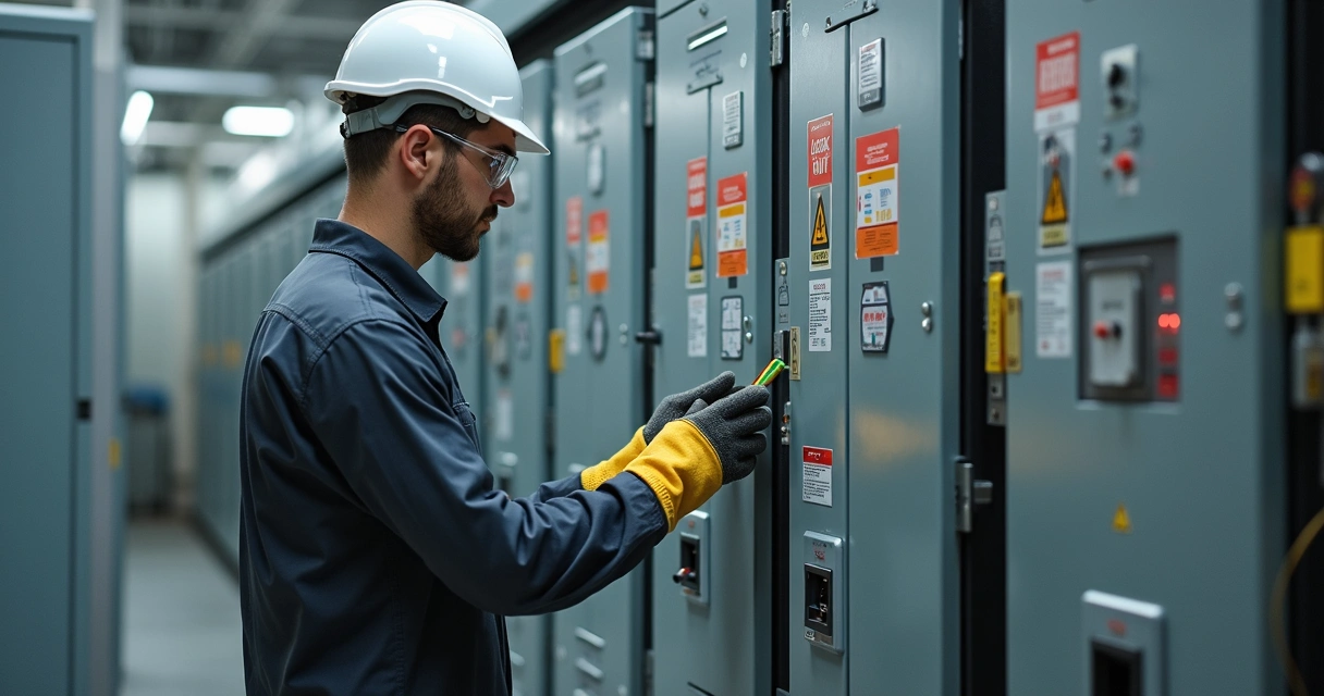 Técnico diante de painel elétrico com EPI completo