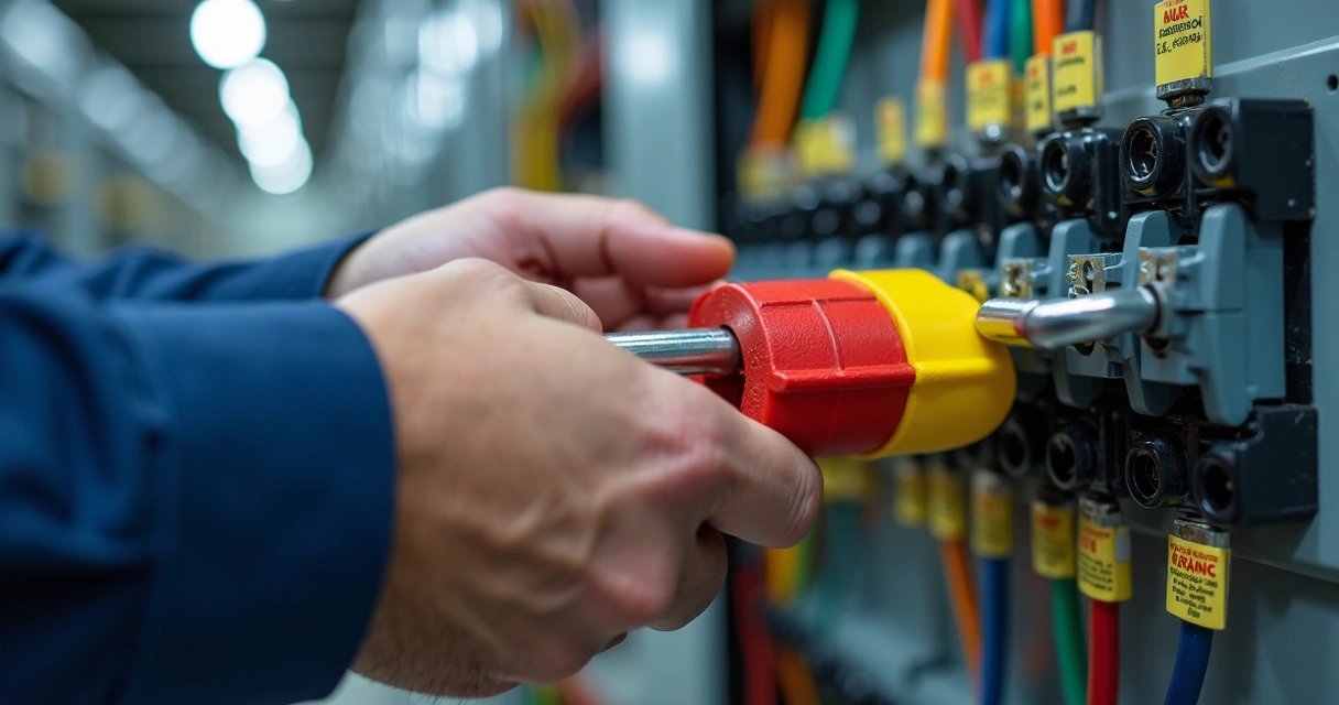 Painel elétrico com cadeado e etiquetas de aviso