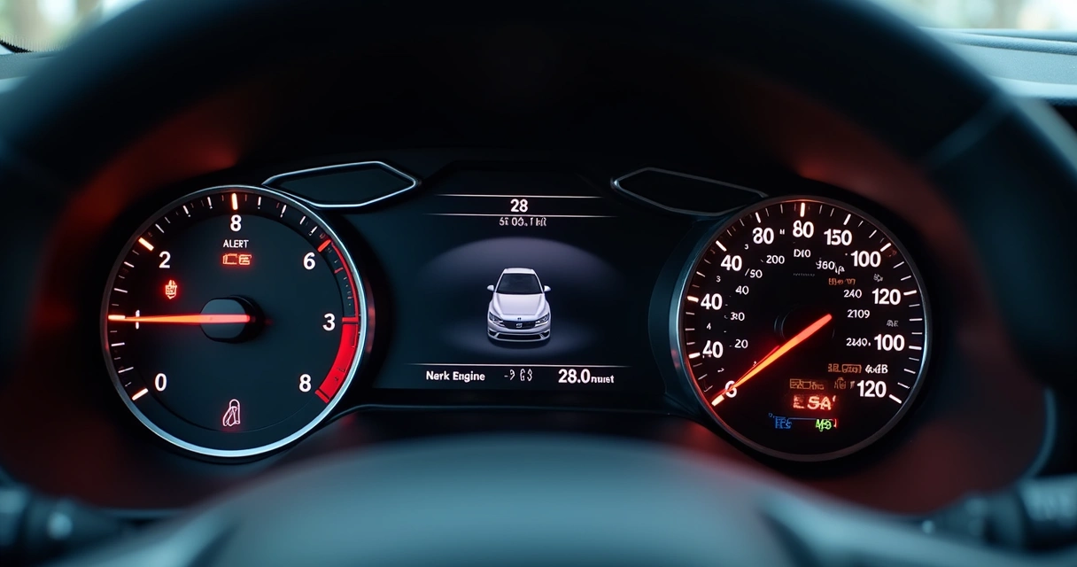 Painel eletrônico de carro com luzes de alerta acesas