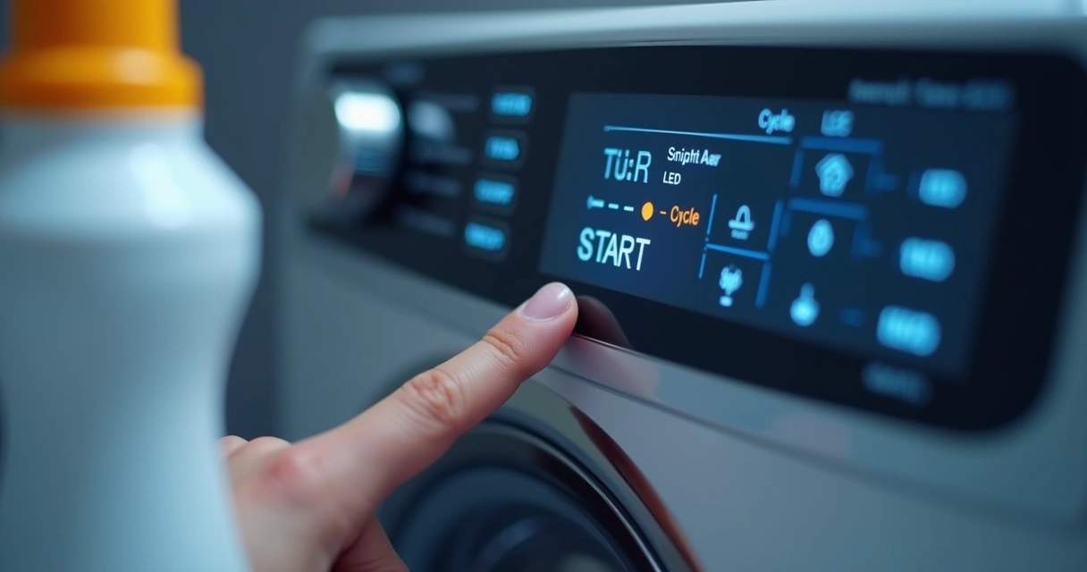 Painel eletrônico aceso em máquina de lava e seca 