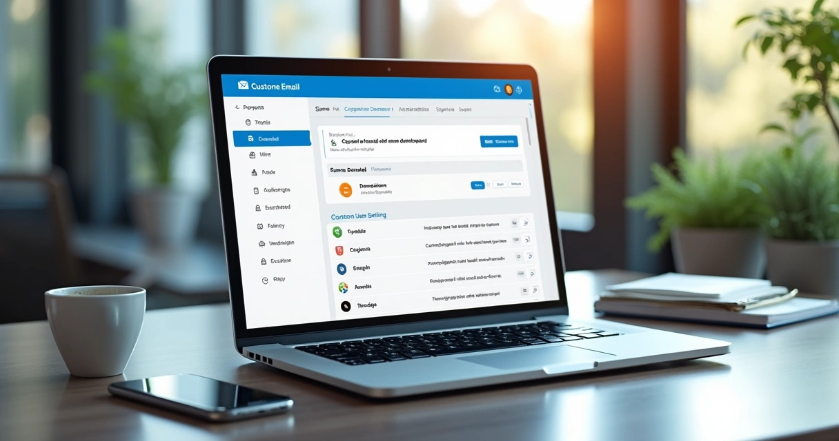 Painel de e-mail corporativo em notebook com domínio próprio e configurações de segurança 