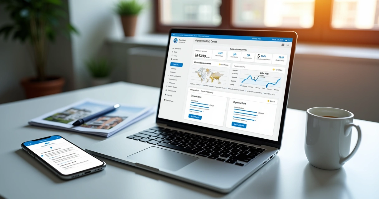 Painel de automação de e-mail com funil imobiliário na tela de um notebook 