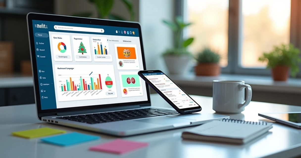 Painel com métricas de e-mail sazonal em notebook e telemóvel