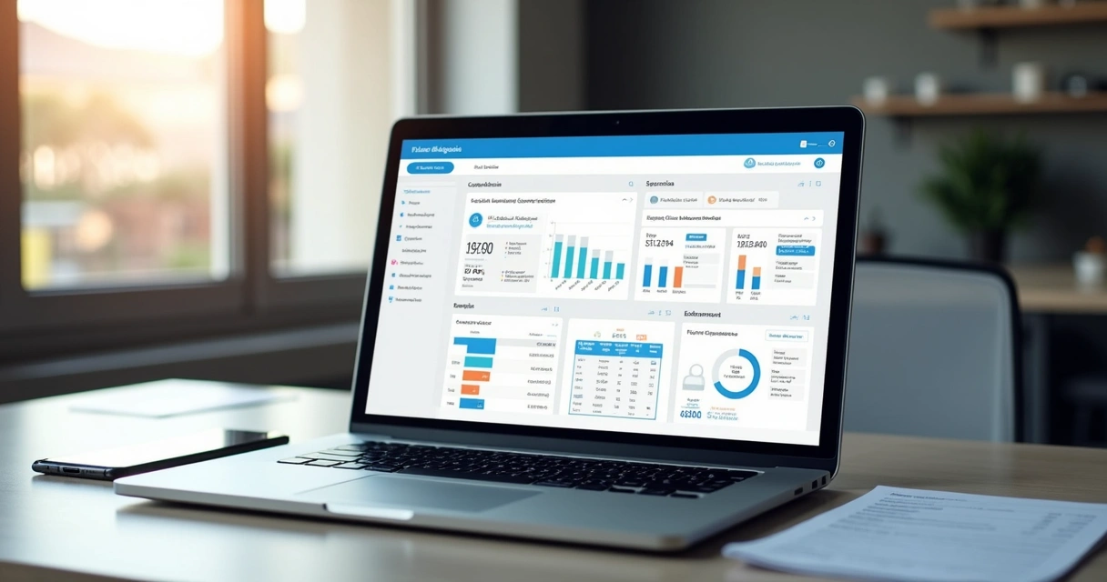 Painel de emissão fiscal em notebook com gráficos e documentos eletrônicos 