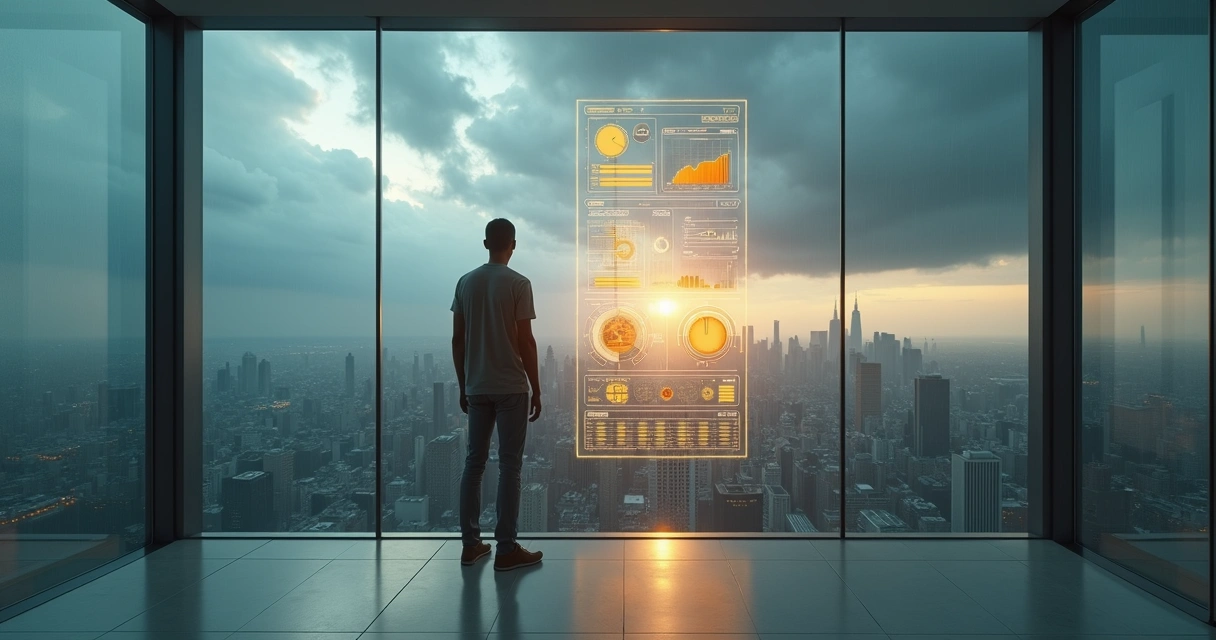 Pessoa em pé diante de grande painel de emoções em cenário de tempestade e luz do amanhecer 