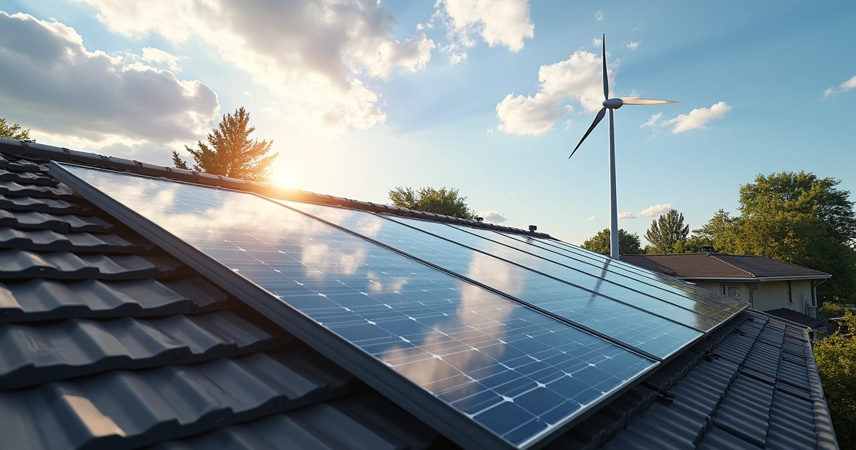 Turbina eólica ao lado de placas solares sobre telhados