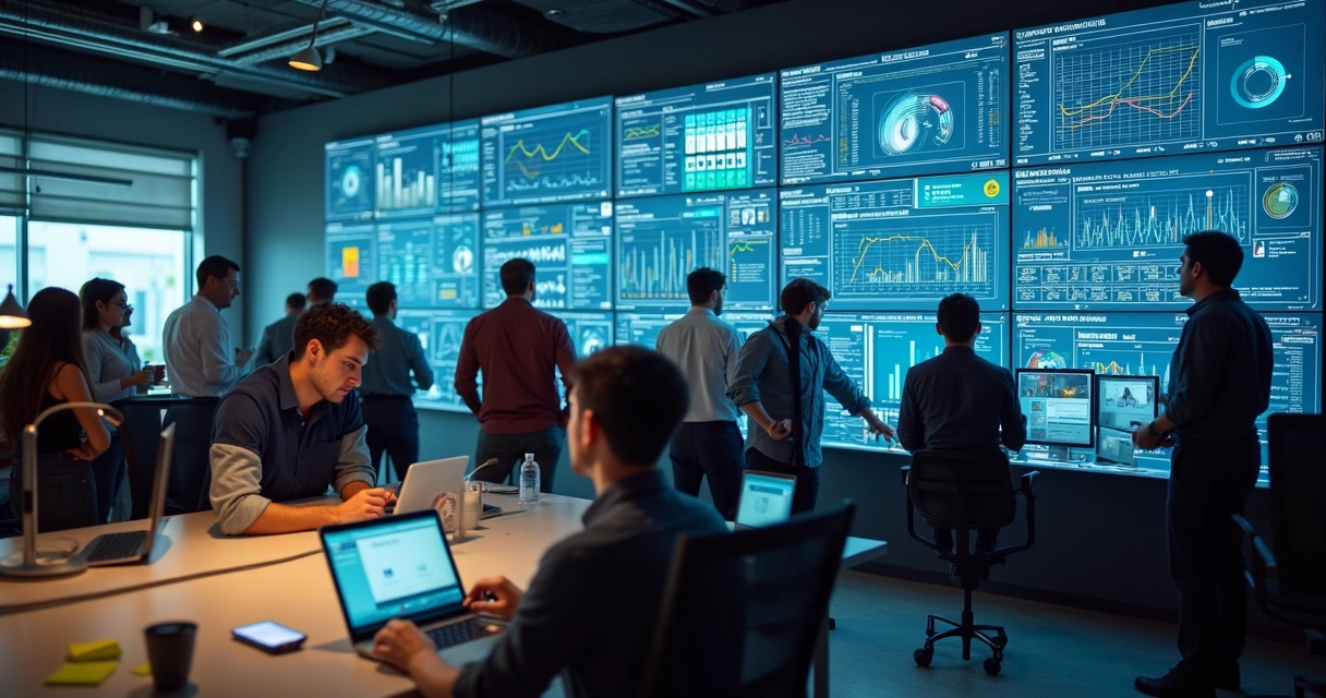 Equipe de SEO e CRO trabalhando em painéis digitais em um escritório moderno 