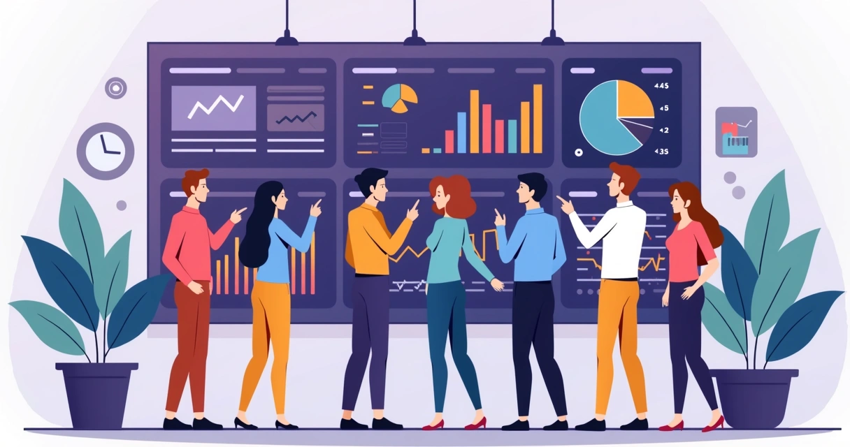 Equipe interna e parceiros olhando juntos para um dashboard digital 